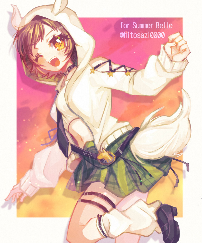 1girl, ;d, animal_ear_hood, black_footwear, black_necktie, bond_en, breasts, brown_hair
