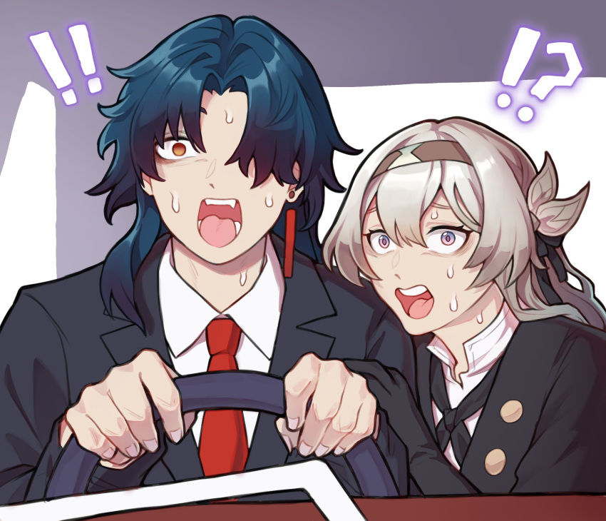 1boy, 1girl, blade_(honkai:_star_rail), blade_(jepella_rebellion)_(honkai:_star_rail), blue_hair, chainsaw_man, earrings, firefly_(honkai:_star_rail)