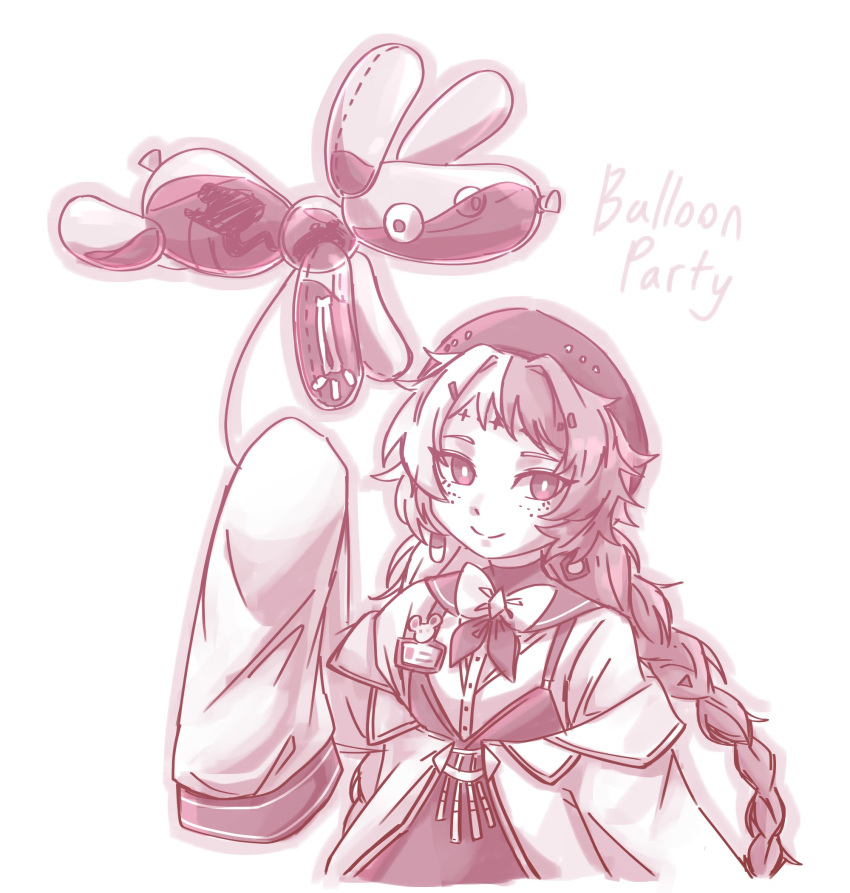 1girl, balloon, balloon_animal, balloon_party, beret, bow, bowtie, braid