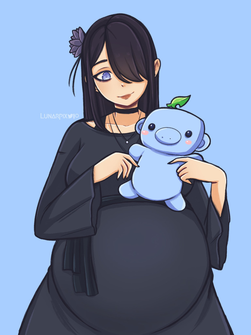 aqua_background, big_belly, black_dress, dress, flower, green_leaf, highres, leaf, lunarpix_(artist), original, pregnant, purple_flower, smile, violet_(lunarpix)