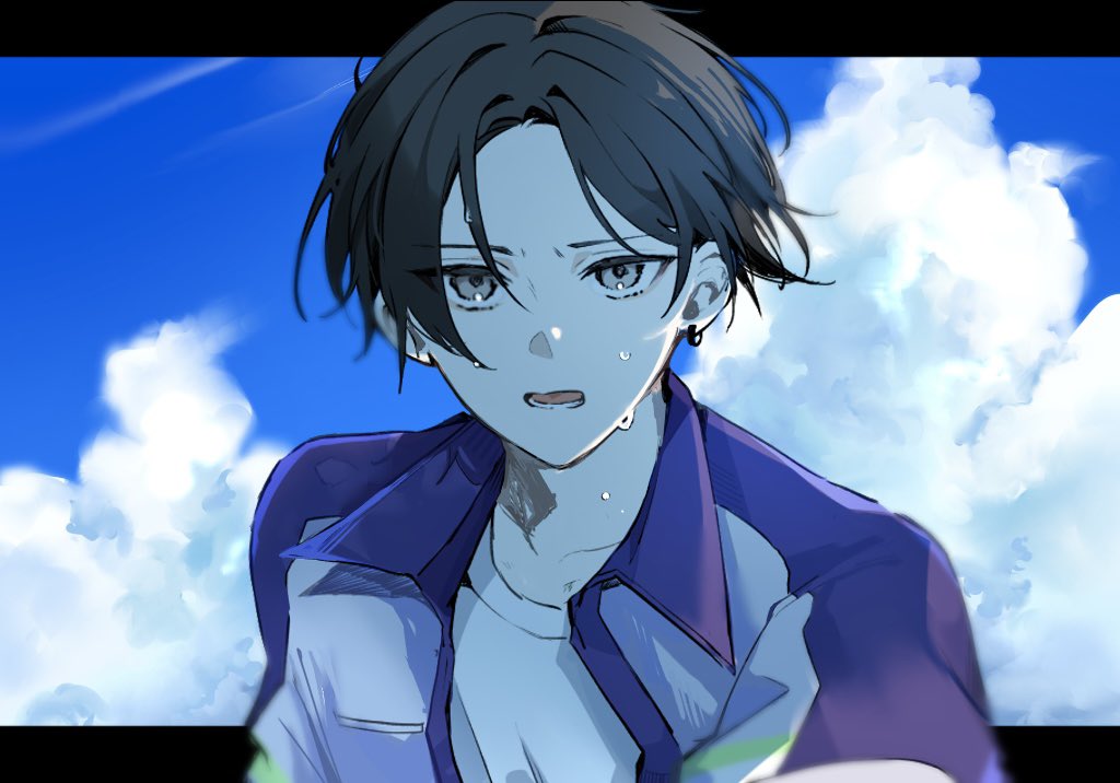 18trip, 1boy, black_border, border, brown_hair, chi_te6, clouds, cloudy_sky, ear_piercing, earrings, grey_eyes, hamasaki_kaede, high_collar, jewelry, looking_at_viewer, lower_teeth_only, male_focus, multicolored_clothes, multicolored_shirt, open_mouth, piercing, shirt, single_earring, sky, solo, sweat, sweatdrop, t-shirt, teeth, upper_body, white_shirt