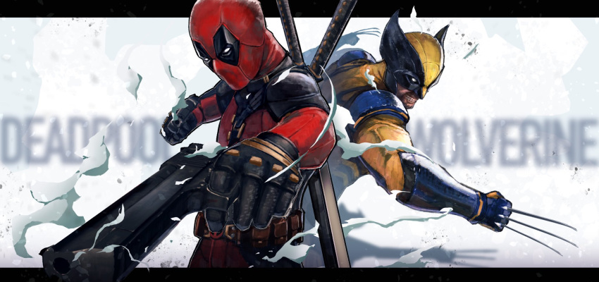 2boys, bodysuit, claws, deadpool, deadpool_&amp;_wolverine, deadpool_(movie), deadpool_(series), gun, highres, katana, male_focus, marvel, masashi_toy, mask, multiple_boys, muscular, muscular_male, red_bodysuit, smile, superhero_costume, sword, two-tone_bodysuit, weapon, weapon_on_back, wolverine_(x-men), x-men