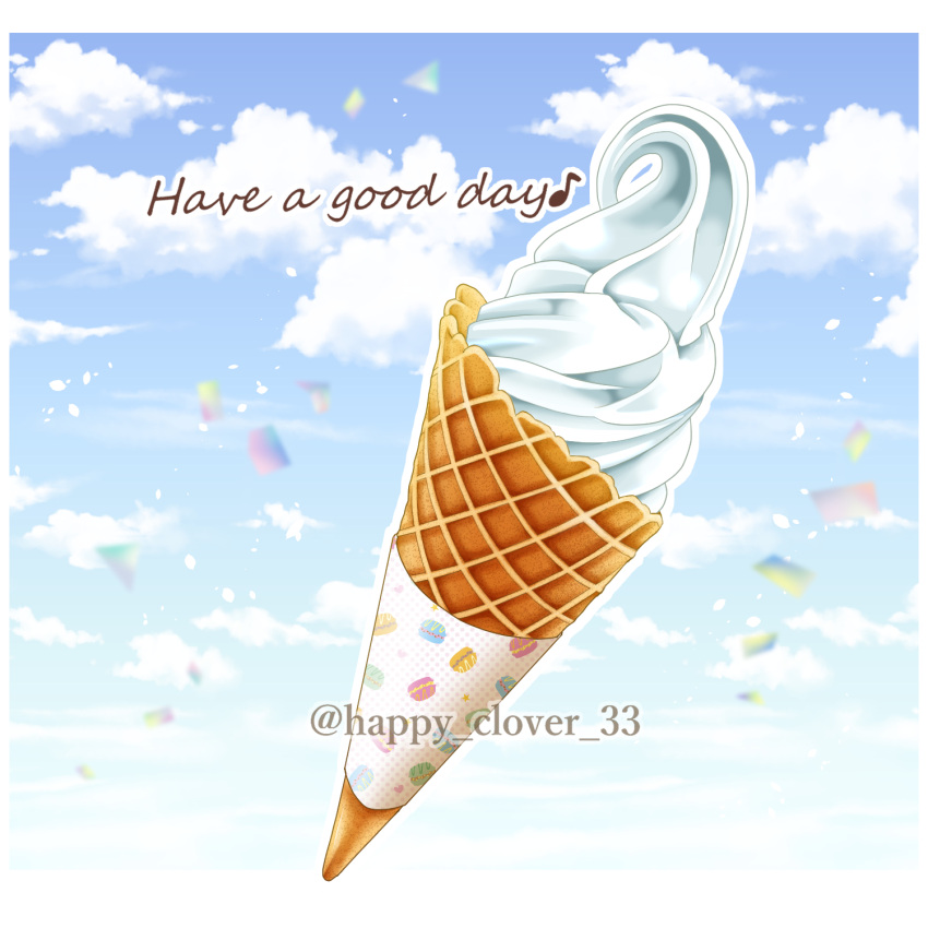 blue_sky, clouds, confetti, english_text, food, food_focus, happy_clover_3, highres