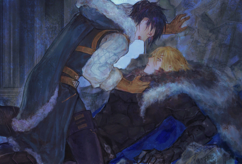 2boys, angry, arm_support, arm_up, armor, armored_gloves, belt, black_armor, black_fur, black_gloves, blonde_hair, blue_cape, blue_hair, blue_leggings, blue_tunic, boots, brown_belt, brown_gloves, cape, chest_belt, clothes_grab, cropped_legs, dark_blue_hair, dimitri_alexandre_blaiddyd, eyepatch, felix_hugo_fraldarius, fire_emblem, fire_emblem:_three_houses, fur_trim, gloves, hair_behind_ear, hair_between_eyes, hand_in_another's_clothes, highres, leggings, long_sleeves, looking_at_another, lying, male_focus, multiple_belts, multiple_boys, on_back, open_mouth, orange_eyes, parted_lips, rock, ruins, sangzhujun, shirt, shoes, shouting, straddling, striped_clothes, striped_shirt, teeth, thigh_boots, tunic, upper_teeth_only, vertical-striped_clothes, vertical-striped_shirt, white_fur, white_shirt, wrist_cuffs