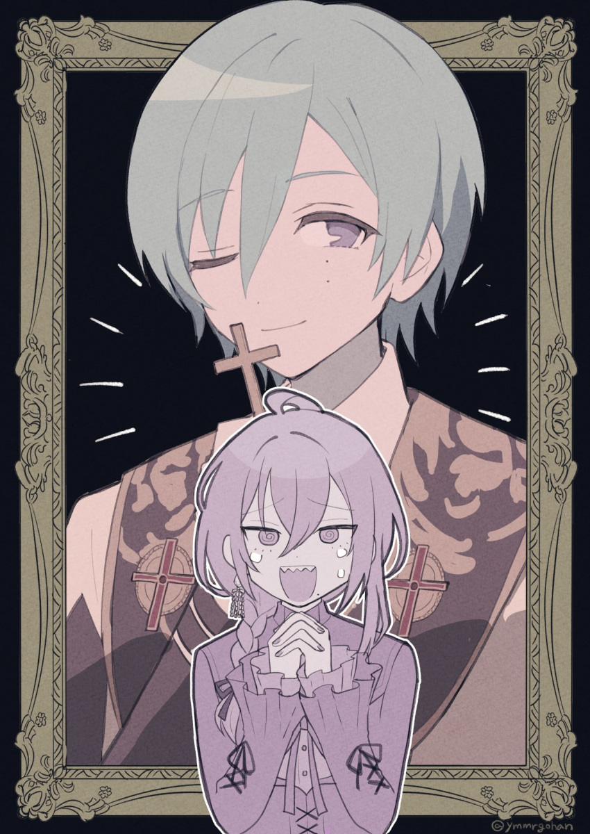 2boys, @_@, ayase_mayoi, bishounen, black_background, border, dot_nose, ensemble_stars!