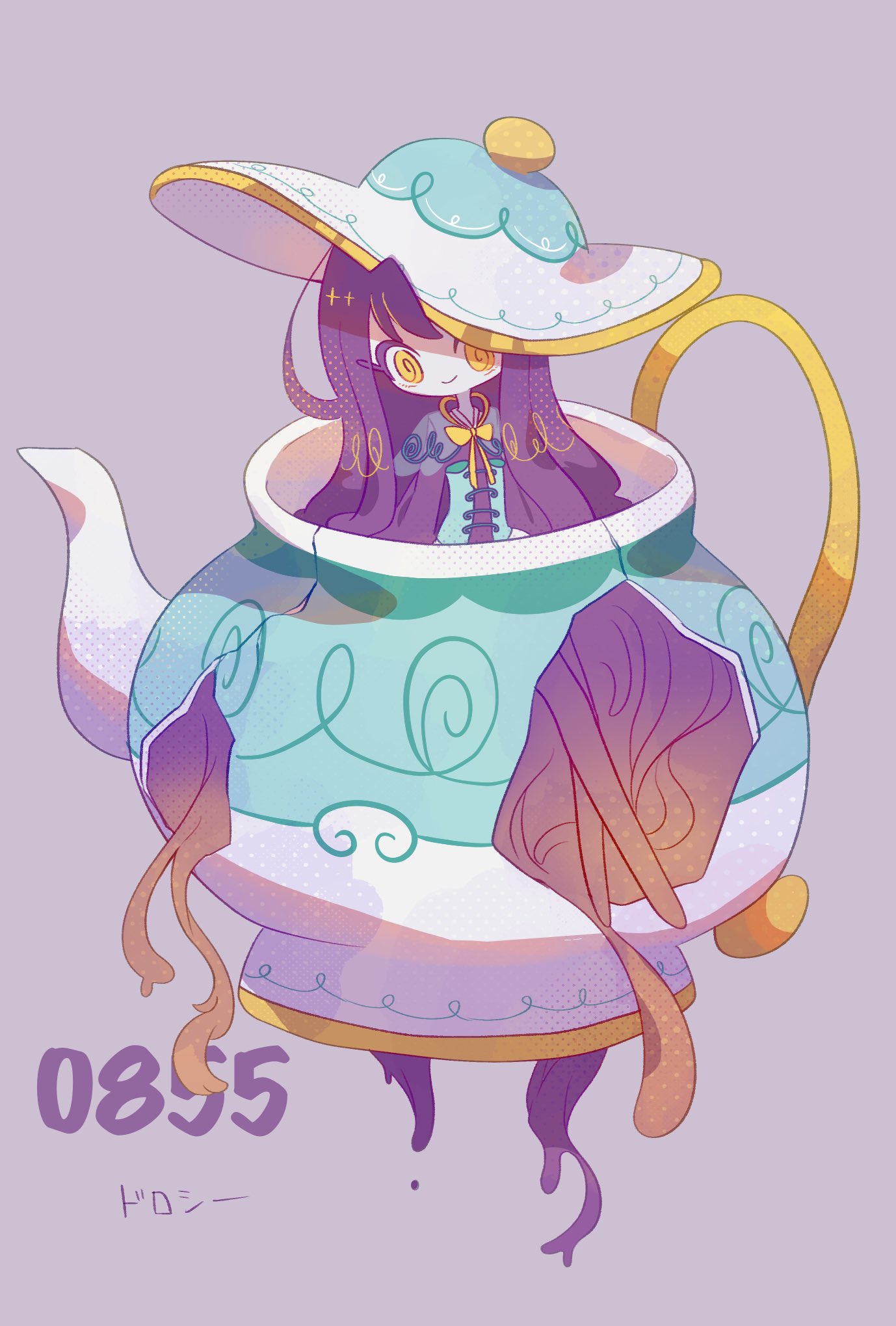 1girl, @_@, absurdly_long_hair, bow, bowtie, closed_mouth, colored_eyelashes, crack, full_body, gradient_hair, grey_background, hat, highres, in_teapot, long_hair, mugimochi_g, multicolored_hair, no_nose, orange_hair, personification, pokedex_number, pokemon, polteageist, purple_hair, smile, solo, sun_hat, teapot, two-tone_hair, very_long_hair, yellow_bow, yellow_bowtie, yellow_eyes
