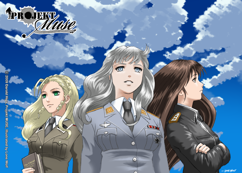 3girls, badge, black_hair, blonde_hair, blue_eyes, book, brown_eyes, brunhilde_rauschenberg