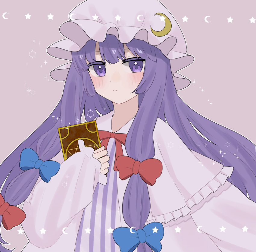 1girl, asumi276, blue_bow, blush, book, bow, bowtie, closed_mouth, commentary, crescent, crescent_hat_ornament, dress, hair_bow, hat, hat_ornament, highres, holding, holding_book, long_hair, looking_at_viewer, mob_cap, patchouli_day, patchouli_knowledge, purple_hair, red_bow, red_bowtie, solo, star_(symbol), striped_clothes, striped_dress, touhou, vertical-striped_clothes, vertical-striped_dress, violet_eyes