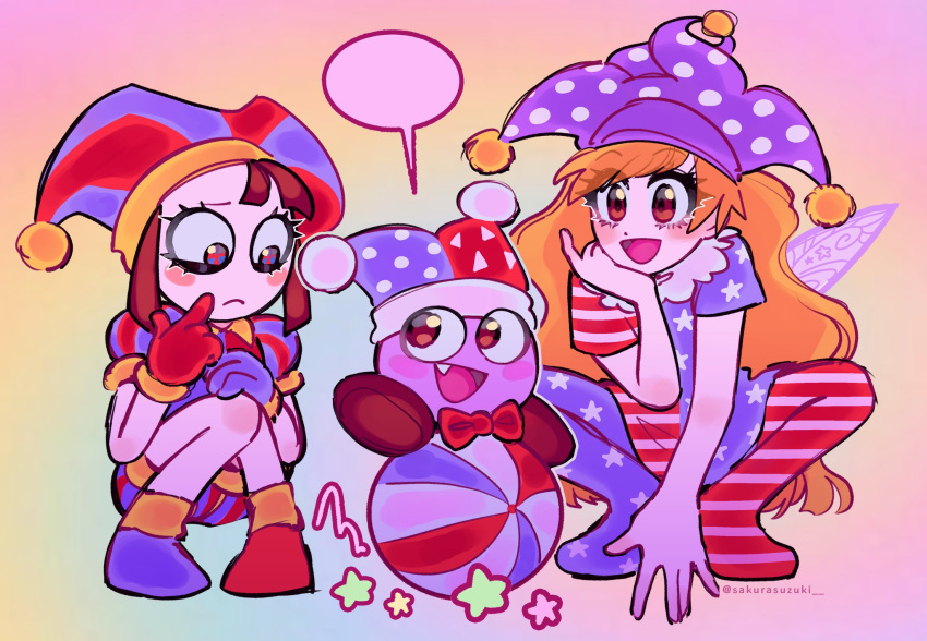 2girls, american_flag_dress, american_flag_legwear, ball, blank_speech_bubble, blonde_hair, closed_mouth, clownpiece