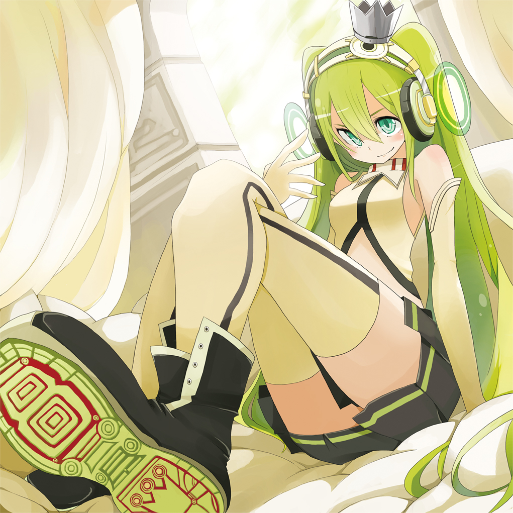 alternate_costume, boots, crossed_legs, crown, foreshortening, green_eyes, green_hair, hatsune_miku