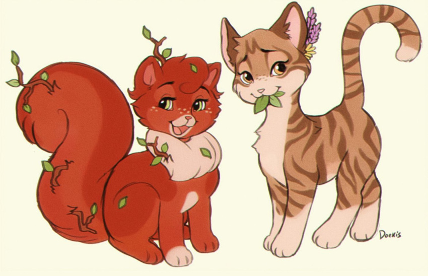 :3, animal, animal_focus, brown_cat, cat, commentary, doekis, full_body, leaf, leafpool, mouth_hold, no_humans, open_mouth, orange_cat, siblings, sisters, sitting, smile, squirrelstar, standing, stick, symbol-only_commentary, tail, warrior_cats
