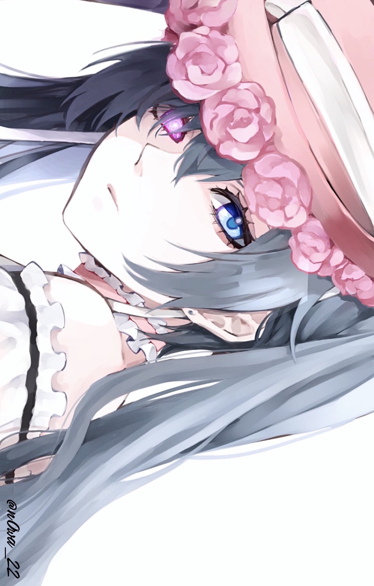 1boy, bare_shoulders, blue_eyes, blue_hair, choker, ciel_phantomhive, ciel_phantomhive_(robin_dress), closed_mouth