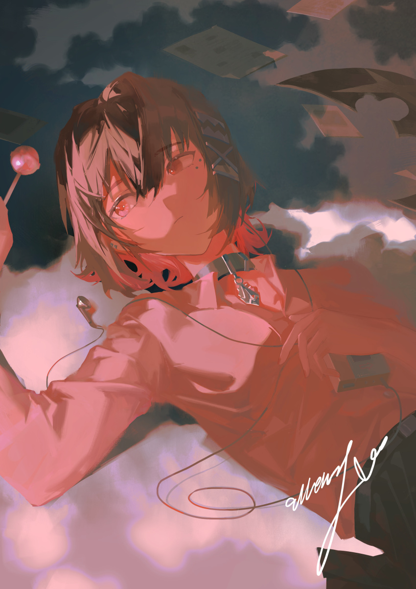1girl, absurdres, belt, black_hair, buttons, candy, cassette_player, choker