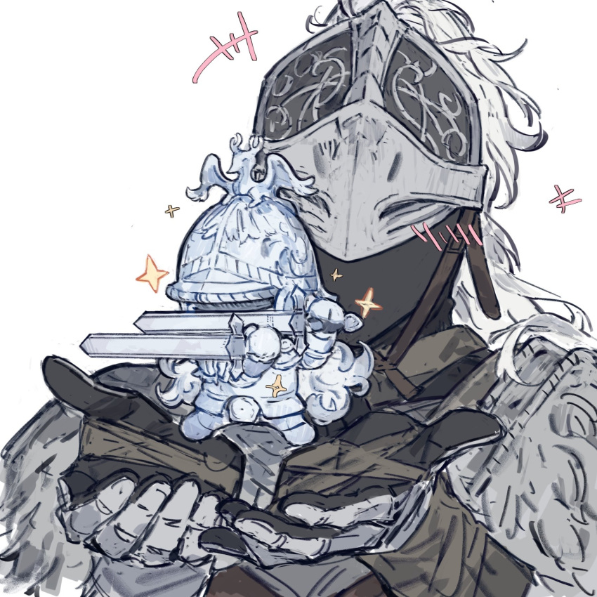 2others, ambiguous_gender, armor, banished_knight_oleg, breastplate, chibi, covered_face, dual_wielding