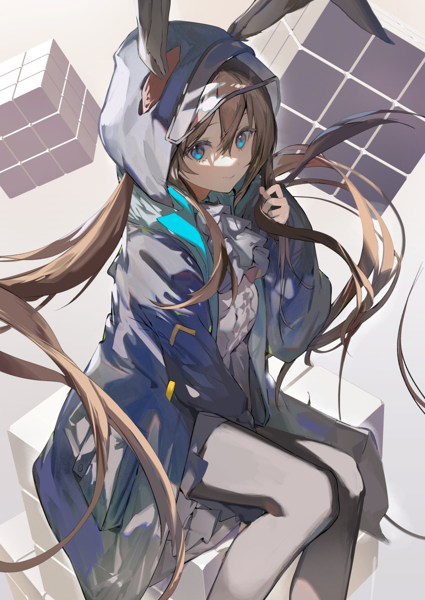 1girl, absurdres, amiya_(arknights), animal_ears, arknights, ascot, black_pantyhose, blue_ascot, blue_coat, blue_eyes, brown_hair, coat, commentary, cowboy_shot, cube, ears_through_headwear, grey_background, highres, hood, hood_up, hooded_jacket, jacket, long_hair, looking_at_viewer, majiro_(mazurka), pantyhose, rabbit_ears, shaded_face, shirt, simple_background, smile, solo, very_long_hair, white_shirt