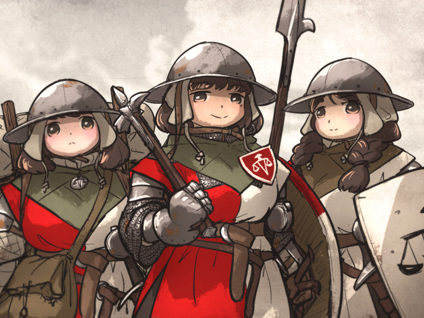 3girls, armor, bag, balance_scale_print, belt, billhook, braid, brown_eyes, brown_hair, chainmail, chunky_sister_(ironlily), coif, front_braid_sister_(ironlily), gambeson, gauntlets, hammer, helmet, highres, holding, holding_hammer, holding_polearm, holding_shield, holding_weapon, ironlily, kettle_helm, kite_shield, medallion, medieval, medium_hair, mid_neutral_sister_(ironlily), mole, mole_under_eye, multiple_girls, ordo_mediare_sisters_(ironlily), over_shoulder, pauldrons, polearm, satchel, scabbard, sheath, sheathed, shield, shoulder_armor, smile, smirk, surcoat, sword, twin_braids, upper_body, vambraces, war_hammer, weapon, weapon_over_shoulder