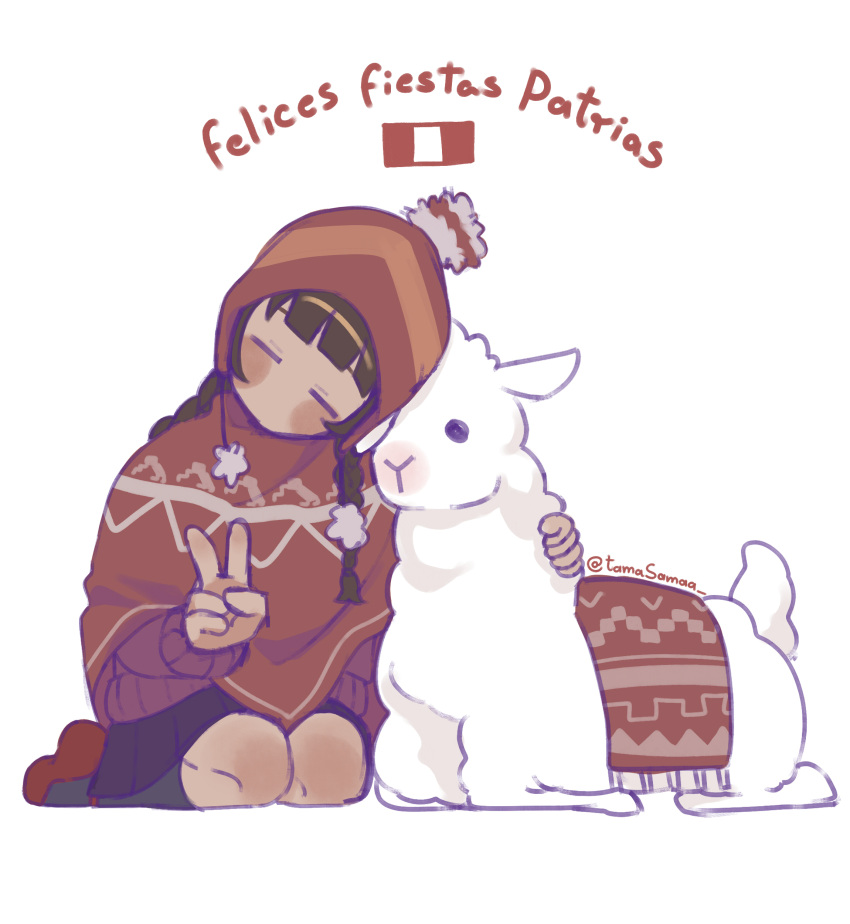 1girl, absurdres, black_skirt, blush_stickers, braid, brown_hair, closed_eyes, hat