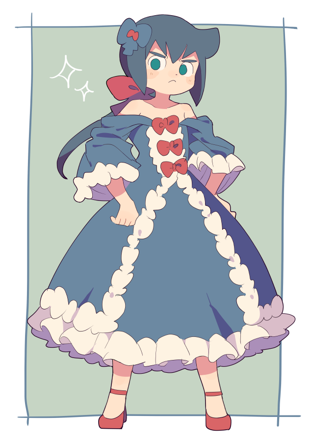 1girl, blue_dress, blue_hair, bow, constanze_amalie_von_braunschbank-albrechtsberger, dress, frilled_dress, frills