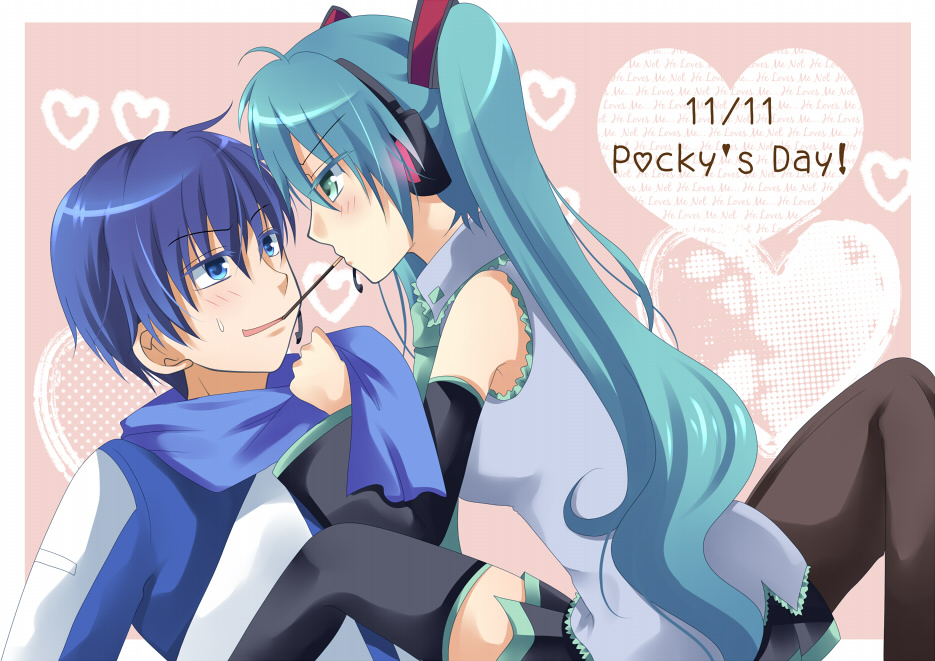 1girl, aqua_eyes, aqua_hair, blue_eyes, blue_hair, couple, hatsune_miku, headphones, kaito, kokonogi_kisara, long_hair, necktie, pocky, pocky_kiss, scarf, shared_food, thighhighs, twintails, vocaloid