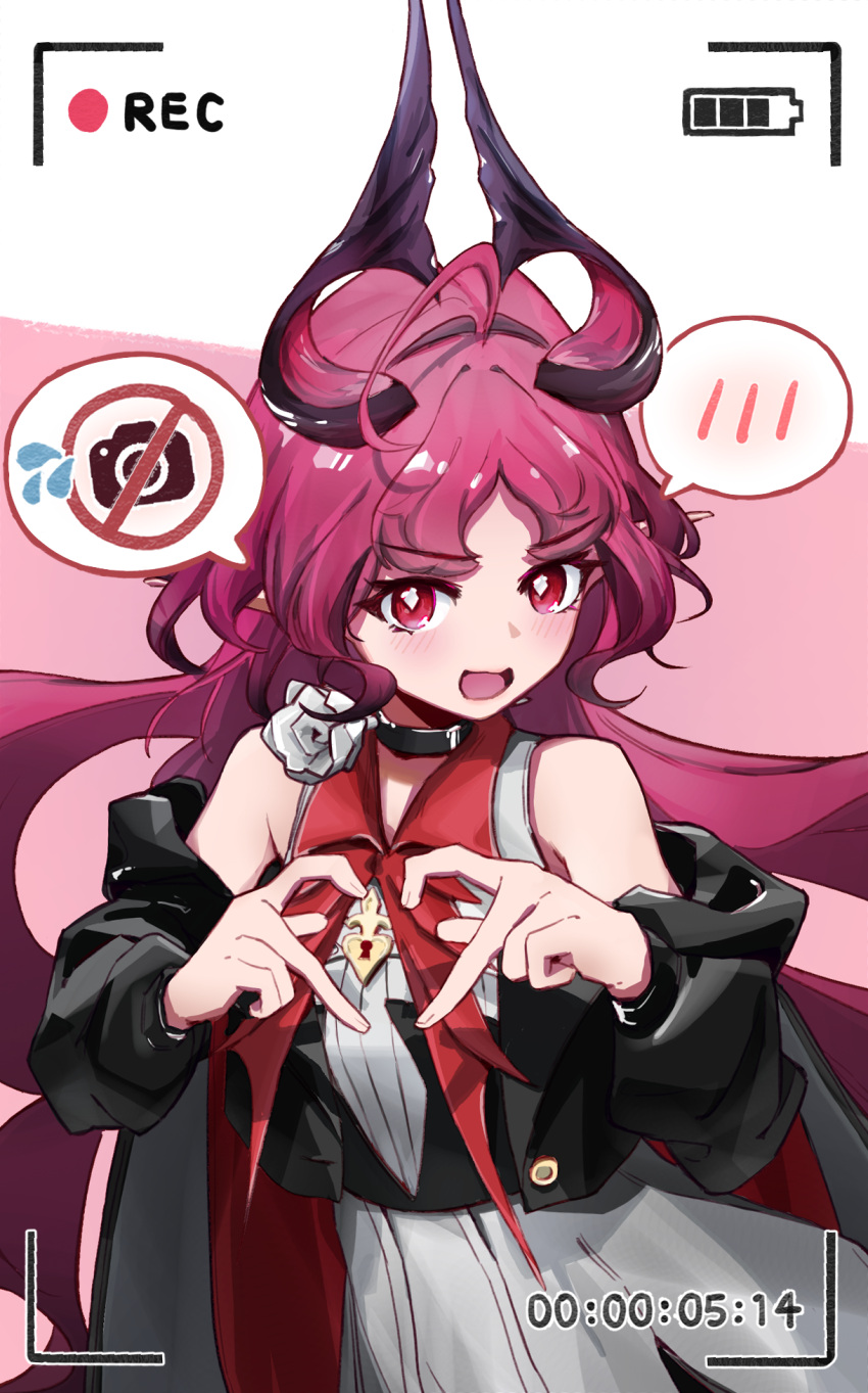 1girl, arknights, bare_shoulders, battery_indicator, black_jacket, blush, bright_pupils, chinese_commentary