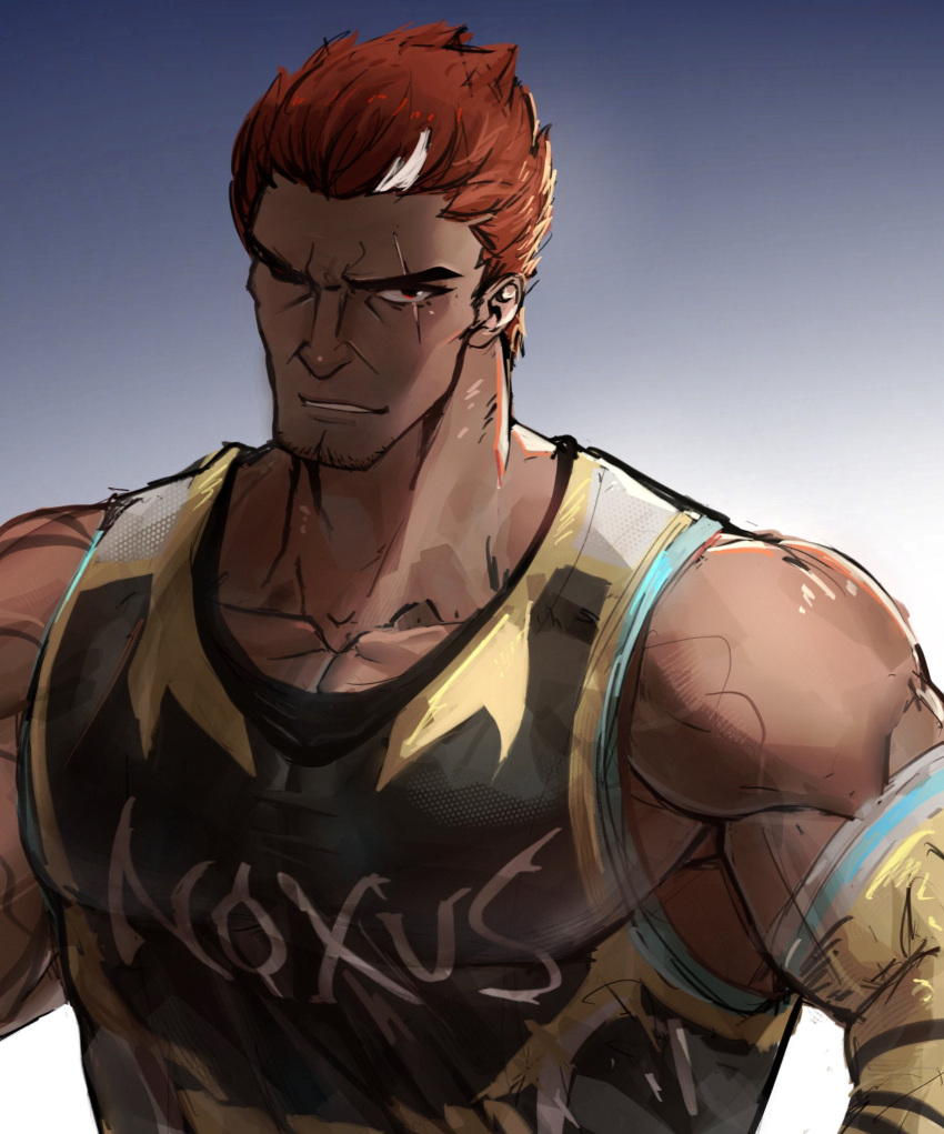 1boy, alternate_costume, beard_stubble, darius_(league_of_legends), elbow_gloves, facial_hair, gloves, highres