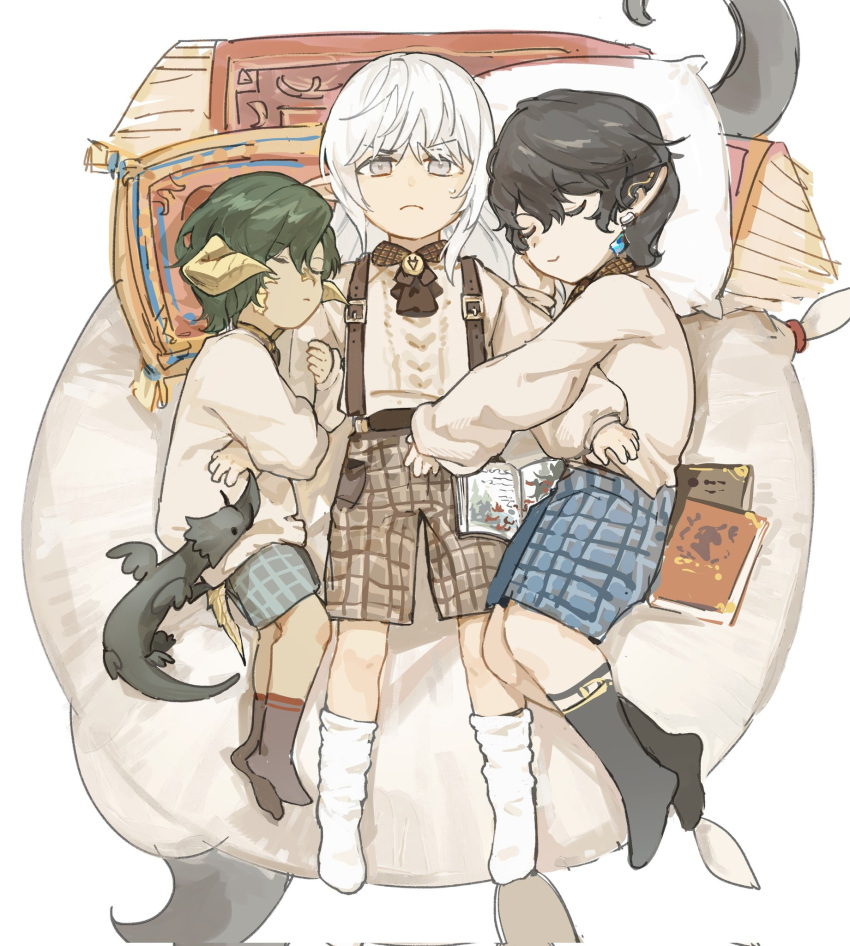 3boys, aged_down, arm_grab, ascot, au_ra, aymeric_de_borel, black_hair, black_socks