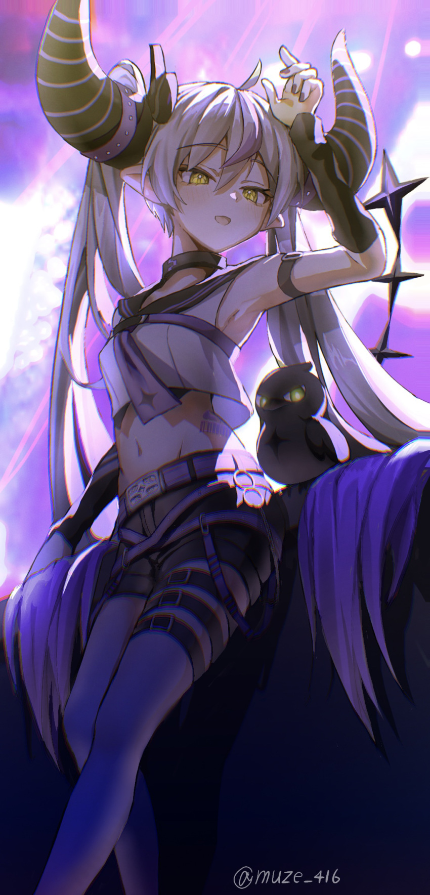 1girl, ahoge, arm_strap, artist_name, barcode, barcode_tattoo, belt, black_horns