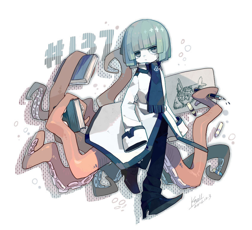 1boy, androgynous, black_footwear, black_pants, blue_eyes, blue_hair, blue_scarf, blunt_bangs