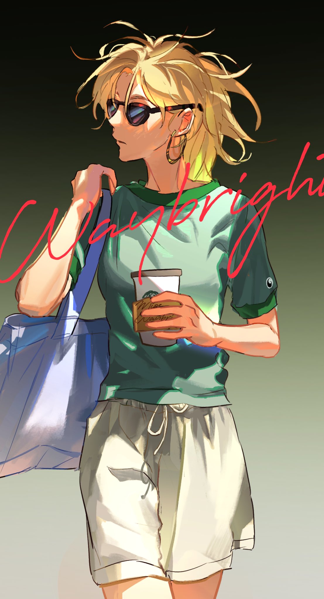 1girl, amphibia, bag, blonde_hair, breasts, casual, cup, disposable_cup