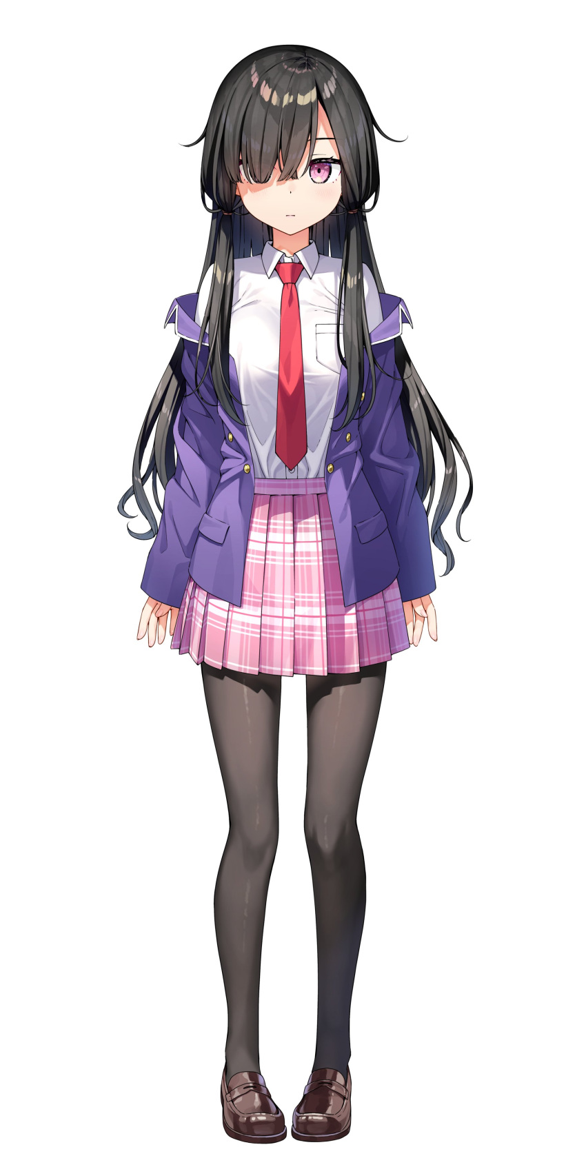 1girl, absurdres, black_hair, black_pantyhose, character_request, collared_shirt, expressionless, hair_over_one_eye
