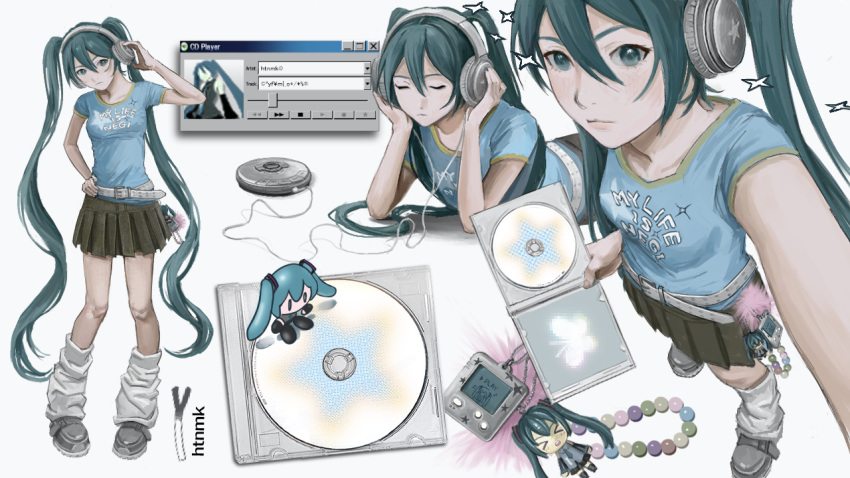 1girl, alternate_costume, aqua_eyes, aqua_hair, blue_shirt, breasts, cable, cd