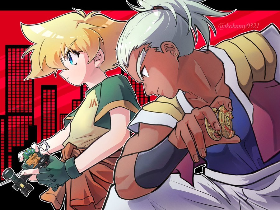 2boys, bakuten_shoot_beyblade, beyblade, beyblade_(object), blonde_hair, blue_eyes, dark-skinned_male, dark_skin