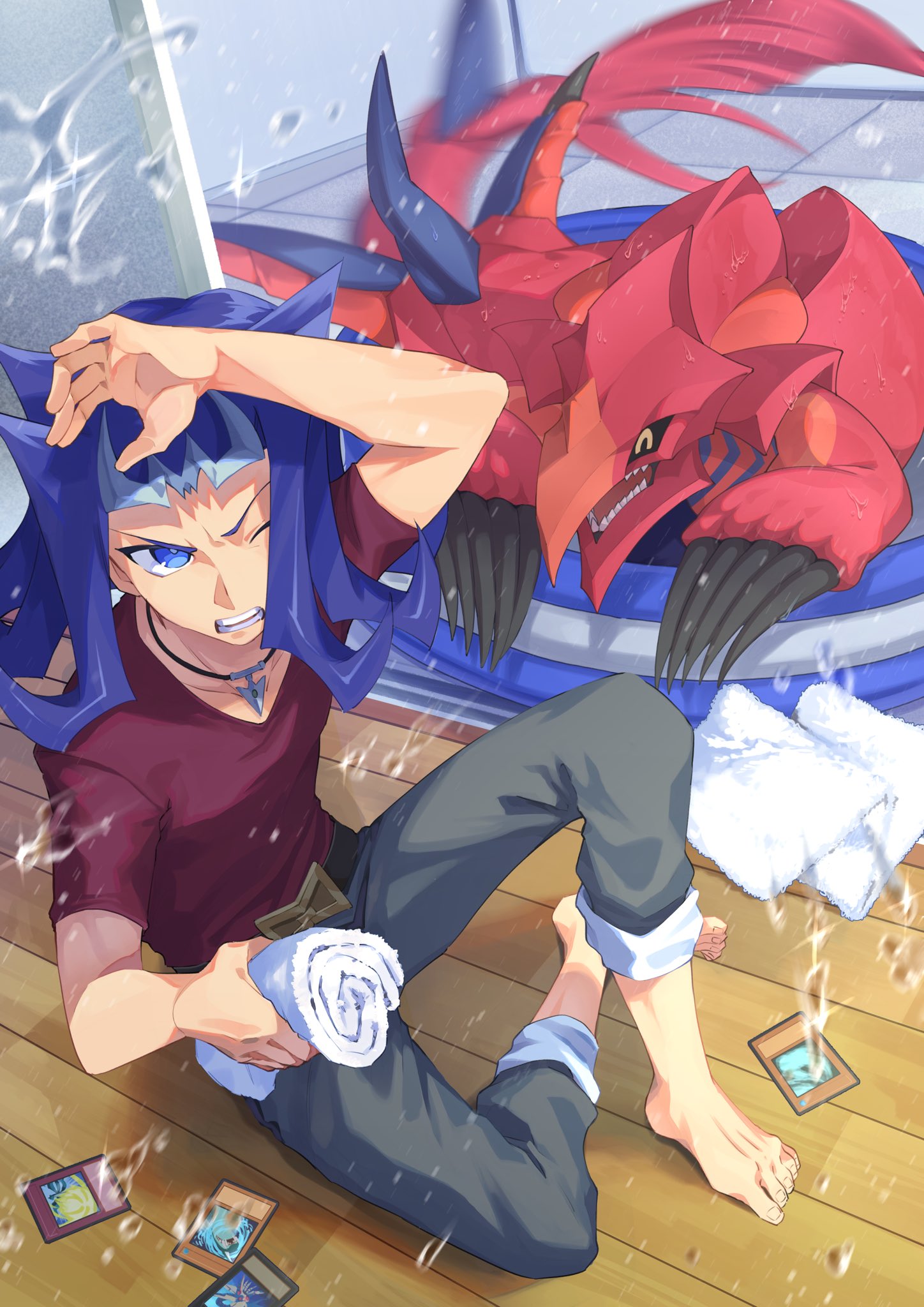 1boy, blue_eyes, blue_hair, character_request, closed_eyes, collarbone, dragon, full_body
