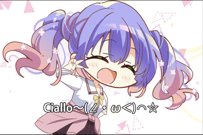 1girl, :d, ^_^, blue_hair, blush, bow, brown_skirt, charo_(meme), chibi, chinese_commentary, closed_eyes, clothes_around_waist, collared_shirt, commentary_request, cowboy_shot, facing_viewer, floating_hair, flower, gradient_hair, gyaru, hair_between_eyes, hair_flower, hair_ornament, hand_up, happy, highres, kogal, kohibari_kurumi, long_hair, long_sleeves, meme, multicolored_hair, open_mouth, pink_flower, pink_hair, pleated_skirt, shirt, simple_background, skirt, smile, solo, star_(symbol), tenshi_souzou_re-boot!, twintails, user_dkgu8375, v, white_background, white_shirt, yellow_bow