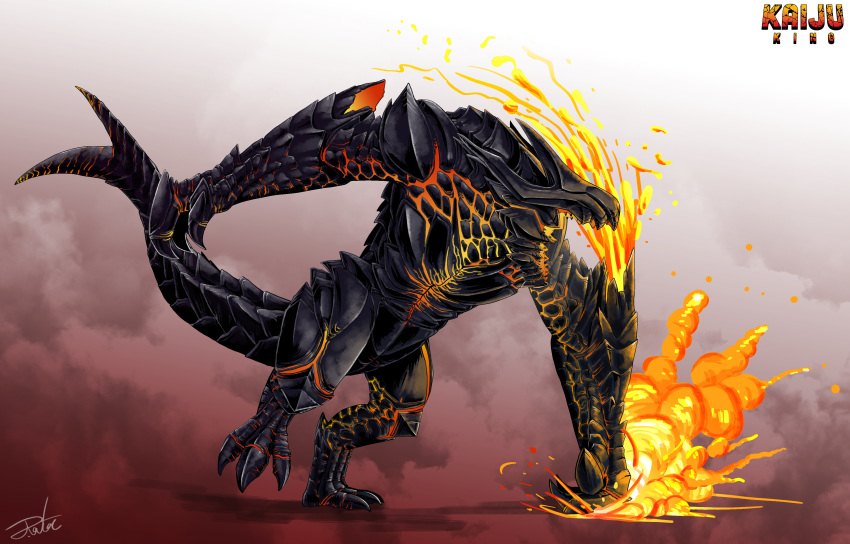 absurdres, claws, english_text, fire, forked_tail, full_body, godzilla_(series), godzilla_unleashed