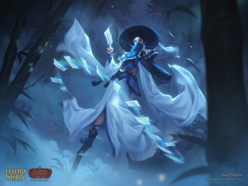 1girl, andrew_chou, bamboo, bamboo_forest, between_fingers, blue_dress, copyright_name, dress