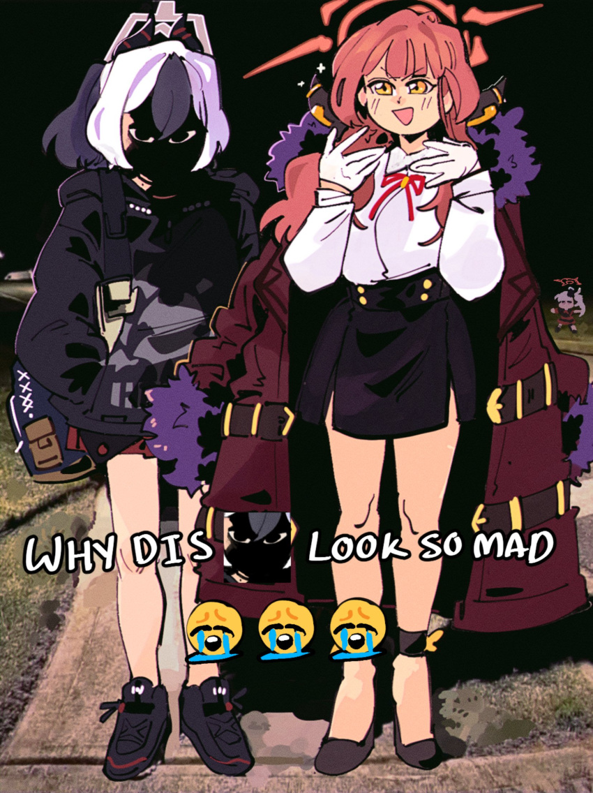 3girls, aru_(blue_archive), black_hair, blue_archive, chads_dancing_to_california_gurls_(meme), crying_emoji, emoji, halo