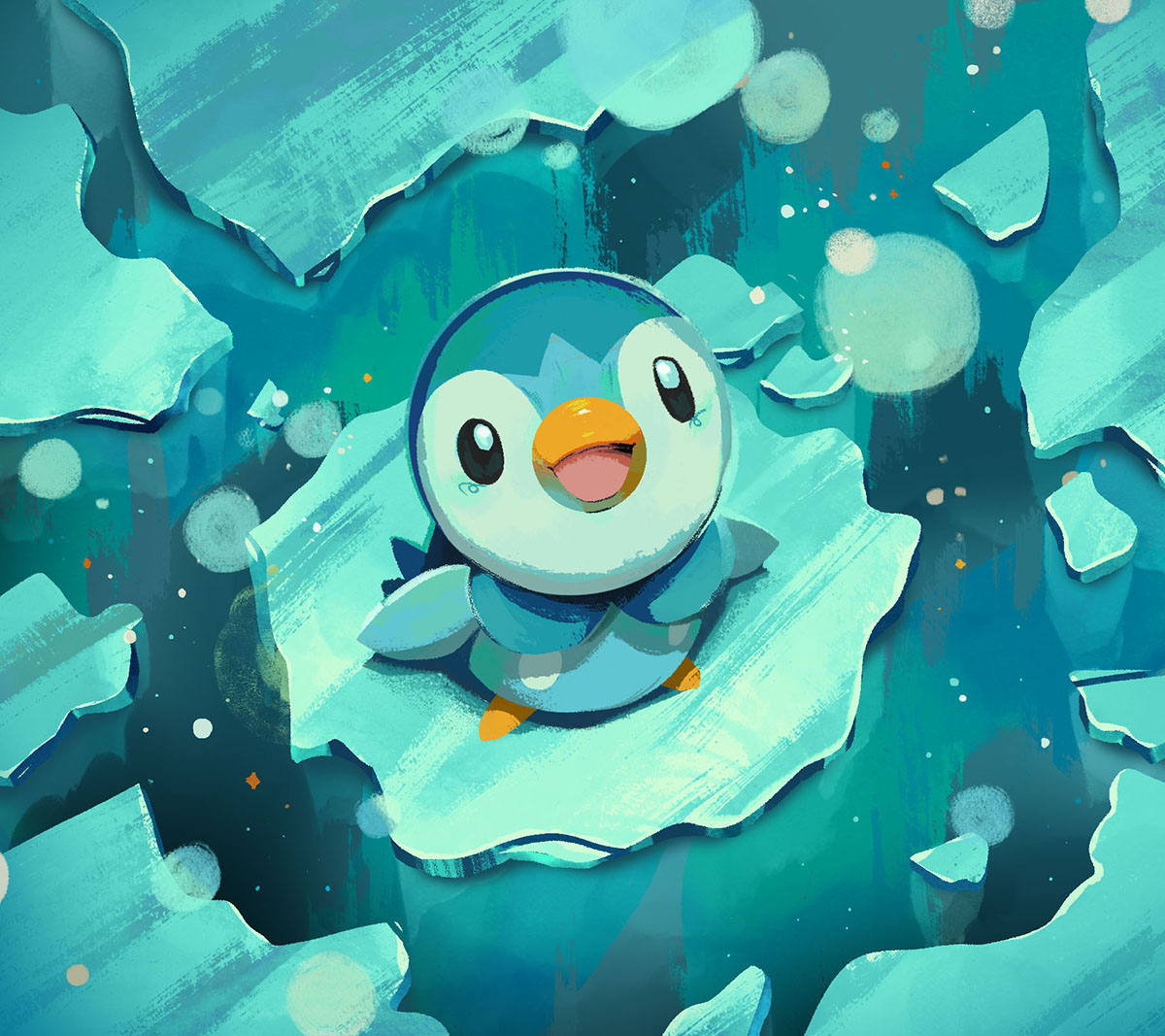 beak, creature_focus, ice, mathias_ball, no_humans, open_mouth, piplup, pokemon, pokemon_(creature), solo, water