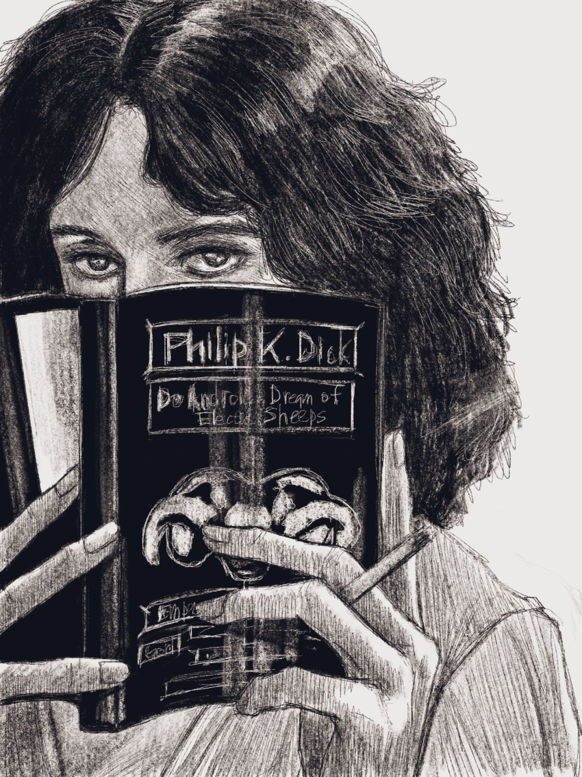 1girl, black_hair, book, book_focus, cigarette, do_androids_dream_of_electric_sheep?, english_text, highres