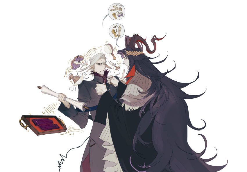 2boys, adjusting_another's_clothes, annoyed, arknights, black_hair, black_nails, cloak, floating