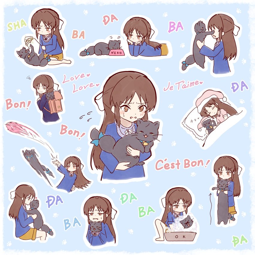 1girl, animal, backpack, bag, black_cat, blue_shirt, bow, bowl, brown_hair, cat, cat_teaser, commentary_request, frisbee, half_updo, heart, highres, hitofudegaki_usagi, holding_cat_teaser, idolmaster, idolmaster_cinderella_girls, kiss, kissing_animal, lifting_animal, long_hair, longcat_(meme), meme, motion_blur, multiple_views, outline, pet_bowl, randoseru, rejected_kiss, shared_bed, shirt, skirt, squiggle, tachibana_arisu, tail, tail_bow, tail_ornament, throwing, washing_animal, white_outline, yellow_skirt