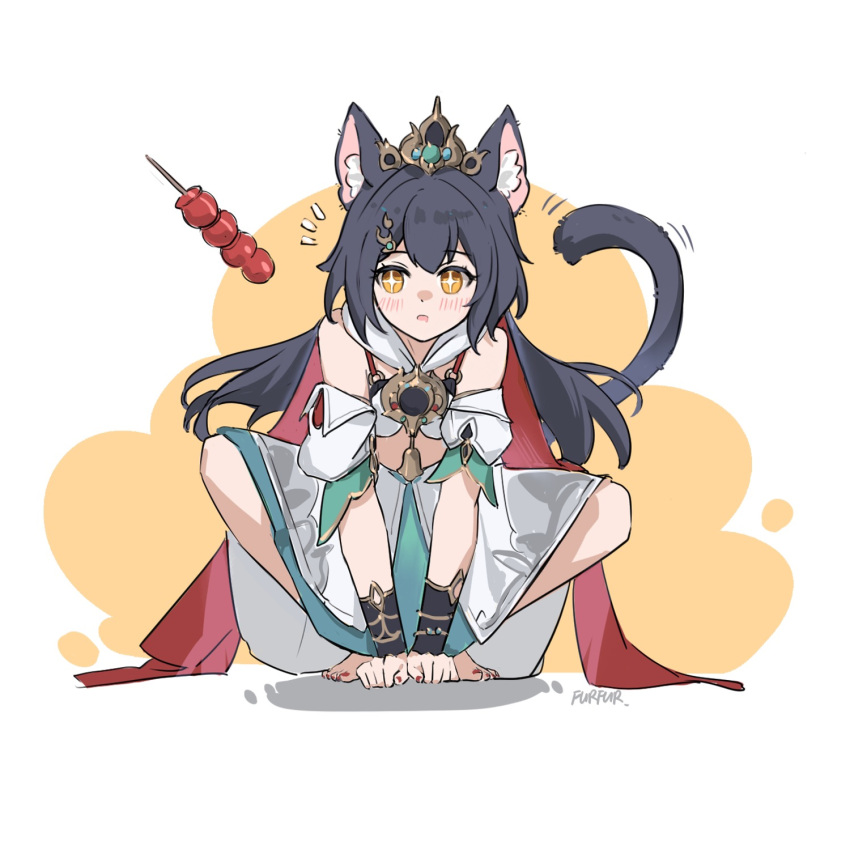 +_+, 1girl, animal_ear_fluff, animal_ears, artist_name, bare_shoulders, barefoot, bra