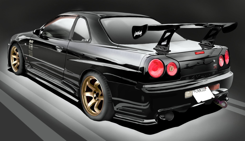 black_car, black_theme, car, highres, license_plate, masshou-san, motor_vehicle, nissan_skyline, nissan_skyline_gt-r, nissan_skyline_r34, no_humans, original, shadow, spoiler_(automobile), sports_car, vehicle_focus