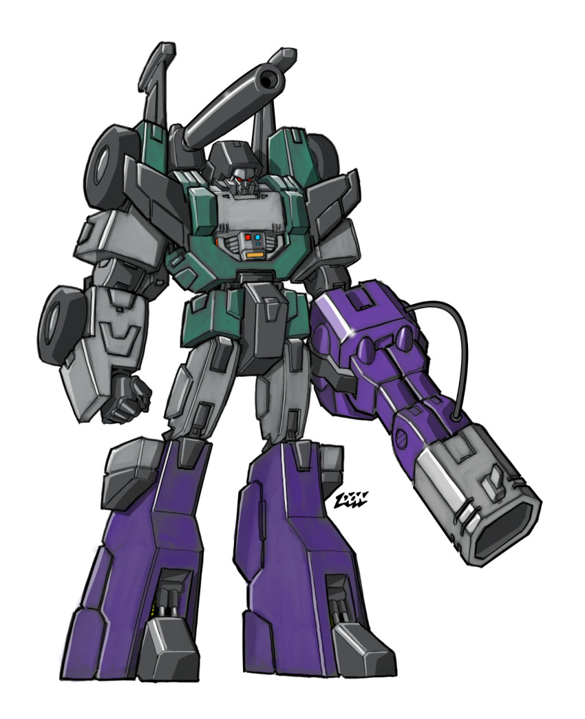 arm_cannon, don_allan_figueroa, full_body, fusion, highres, looking_down, mecha_focus, no_humans, red_eyes, shockwave_(transformers), simple_background, sixshot_(transformers), transformers, transformers:_generation_1, weapon, white_background