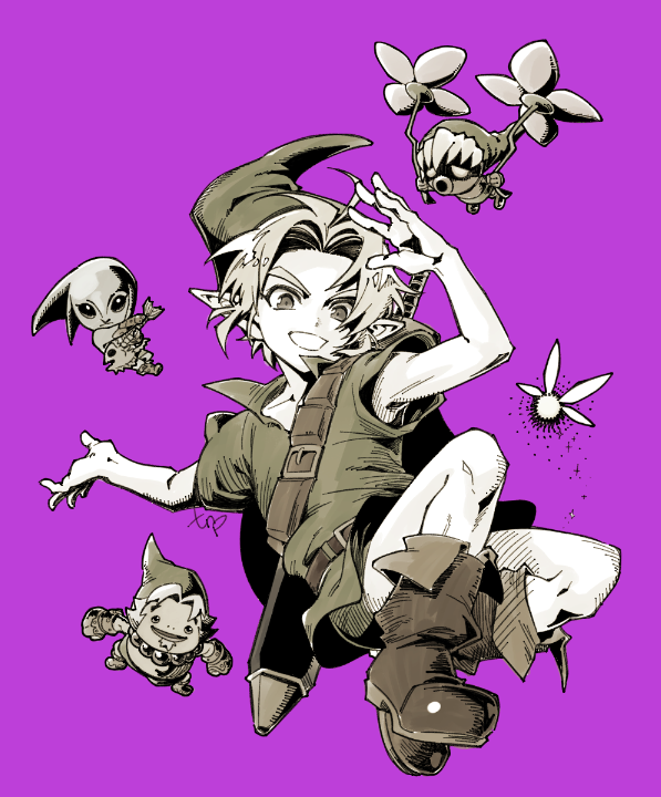 1boy, belt_buckle, boots, buckle, chibi, jumping, link, monochrome