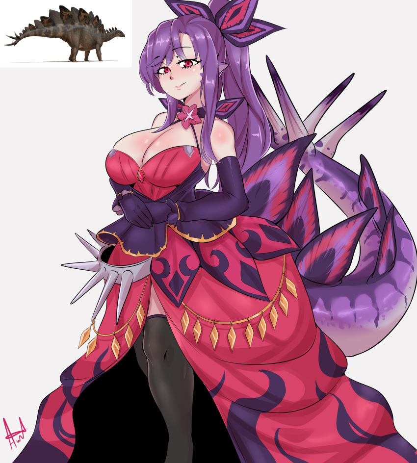 1girl, a.c._hunter, absurdres, breasts, commission, commissioner_upload, creature_and_personification, dinosaur, dinosaur_girl, dinosaur_tail, dress, gloves, highres, large_breasts, looking_at_viewer, personification, plate, pointy_ears, ponytail, purple_gloves, purple_hair, red_dress, scales, stegosaurus, tail, thagomizer