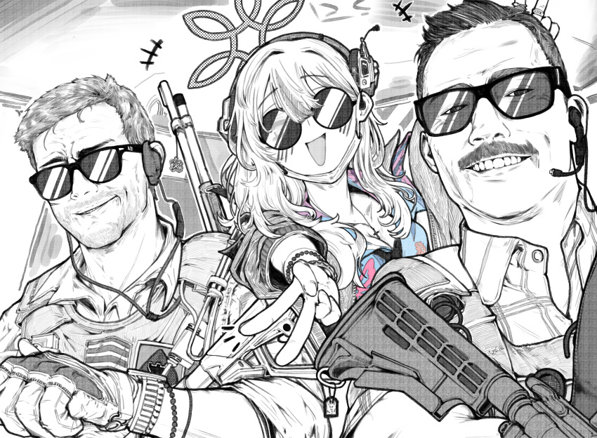 1girl, 2boys, :d, ^^^, absurdres, assault_rifle, beard_stubble, blue_archive