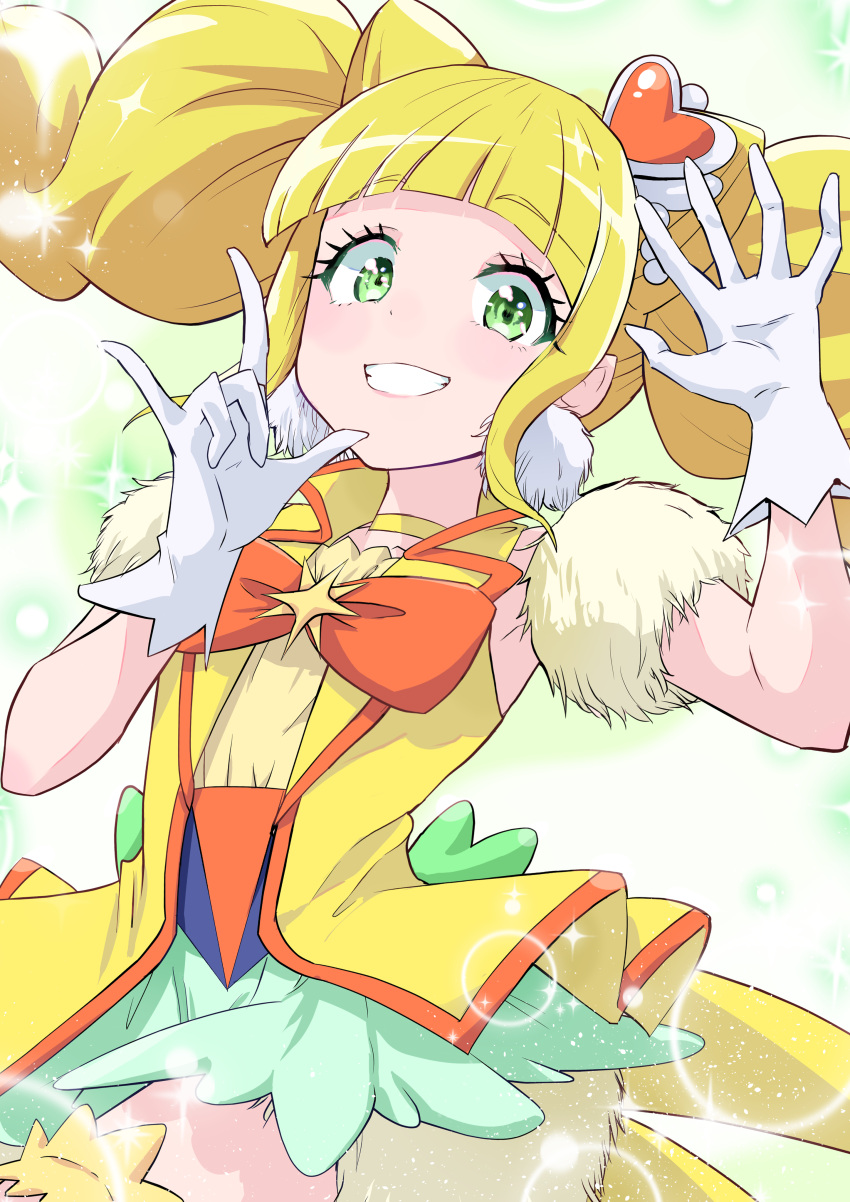1girl, \n/, absurdres, blonde_hair, bow, commentary, cone_hair_bun, cure_sparkle, double_bun, earrings, fur_armlet, fur_skirt, gloves, green_eyes, grin, hair_bun, hair_ornament, healin'_good_precure, heart, heart_hair_ornament, highres, hiramitsu_hinata, jacket, jewelry, keijirou_(mukunozaltusou), looking_at_viewer, magical_girl, medium_hair, miniskirt, orange_bow, pom_pom_(clothes), pom_pom_earrings, precure, skirt, sleeveless, sleeveless_jacket, smile, solo, standing, twintails, white_gloves, white_skirt, yellow_jacket