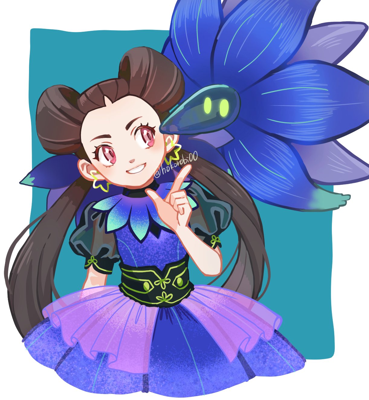 1girl, alternate_costume, aqua_background, blue_dress, border, brown_hair, commentary_request, dress, earrings, eyelashes, glimmora, grin, hair_ornament, hand_up, highres, index_finger_raised, jewelry, long_hair, looking_to_the_side, pink_eyes, pokemon, pokemon_(creature), pokemon_oras, roxanne_(pokemon), s_(happycolor_329), short_sleeves, smile, teeth, twintails, twitter_username, white_border