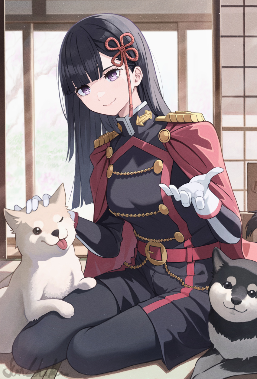 1girl, anti-demon_corps_uniform, black_hair, black_jacket, black_pants, cloak, closed_mouth, dog